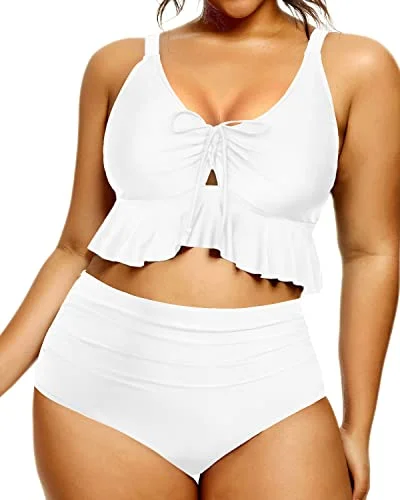 Metallic - finish bikini for a glamorous and eye - catching poolside lookTummy Control High Waisted Bikini Set Plus Size Bathing Suit-White