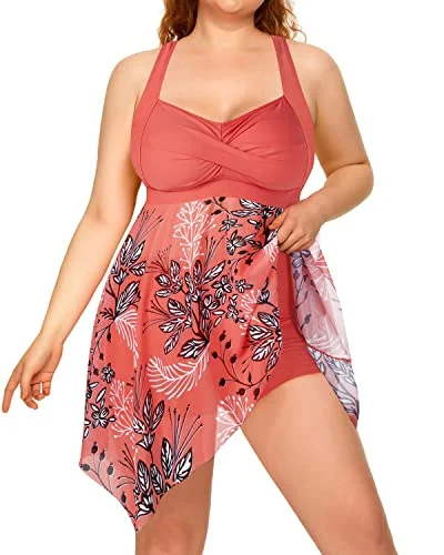 Striped bikini with a classic pattern for a timeless beach aestheticPlus Size Two Piece Mesh Swim Dress Boyshorts For Women-Pink Flower