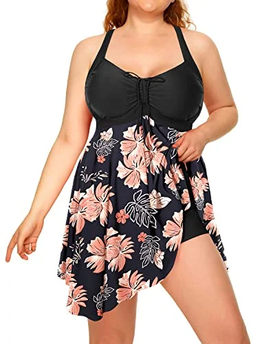 Monokini - style bikini with a unique one - piece - meets - bikini designPlus Size Two Piece Swimdress with Boyshorts for Women Flowy Swimsuits