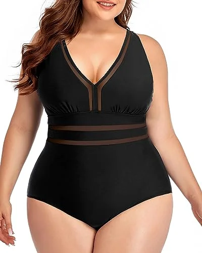 Push - up bikini top to enhance the bust for a confident beach appearancePlus Size V-Neck Mesh Line One Piece Swimsuit