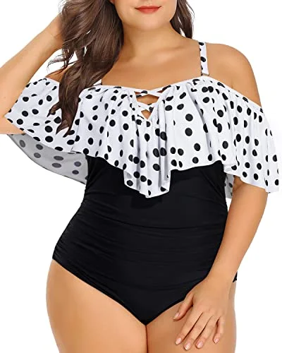 Monokini - style bikini with a unique one - piece - meets - bikini designRuched Tummy Control Women Plus Size One Piece Swimsuits-White Black Polka Dots