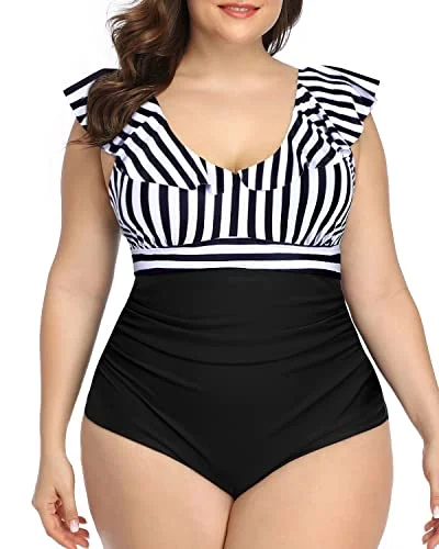 Sports bikini for high - intensity water activities like surfingTummy Control Ruffled Plus Size Bathing Suit-Black And White Stripe