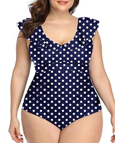 Plus - size bikini with full - coverage options for comfort and confidenceRetro Style Flounce Plus Size One Piece Swimsuit-Blue Dots