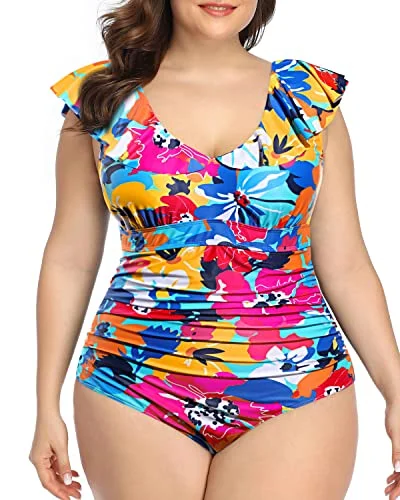 Push - up bikini top to enhance the bust for a confident beach appearanceRuffled Plus Size One Piece Swimsuits for Women Flounce Vintage Swimwear