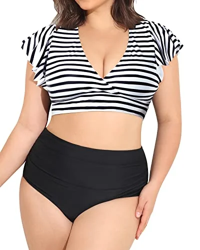 Convertible bikini that can be worn in multiple styles for versatilityRuffled Sleeve Two Piece Swimsuits Plus Size High Waisted Bikini-Black And White Stripe