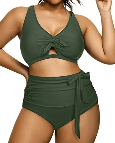 High - waisted bikini for a retro and tummy - flattering look2 Piece Padded Support Plus Size Bikini Swimsuit-Army Green