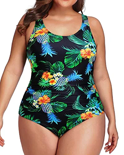 Tropical - themed bikini for a vacation - ready beach outfitVersatile Plus Size One Piece Swimwear For Activities-Black Pineapple