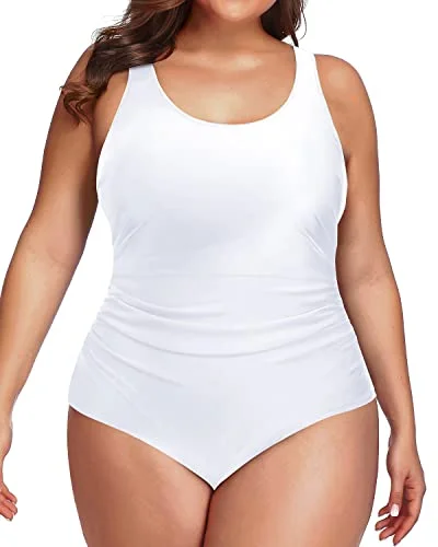 Long - line bikini top for added support and a fashionable lookPlus Size Backless Tummy Control Ruched One Piece Swimsuit-White