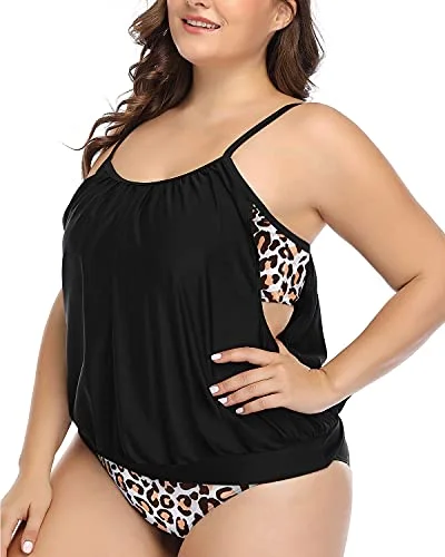 Striped bikini with a classic pattern for a timeless beach aestheticWomen's Double Up Tummy Control Plus Size Tankini Swimsuits-Black Leopard