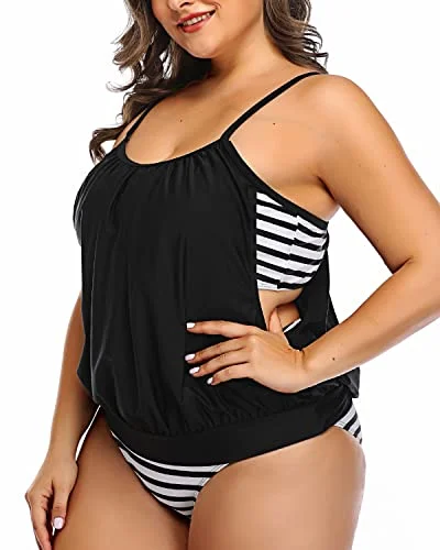 Tropical - themed bikini for a vacation - ready beach outfitWomen's Hide Problem Areas Plus Size Tankini Swimsuits-Black Stripe