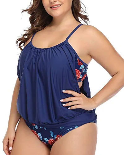 Sports bikini for high - intensity water activities like surfingFlirty Plus Size Tankini Swimsuits Shorts For Women-Blue Floral