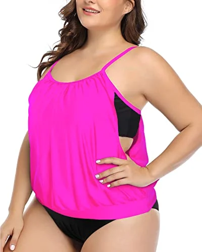 Plus - size bikini with full - coverage options for comfort and confidenceDouble Layer Tummy Control Tankini Plus Size Sporty 2 Piece Tankini-Neon Pink