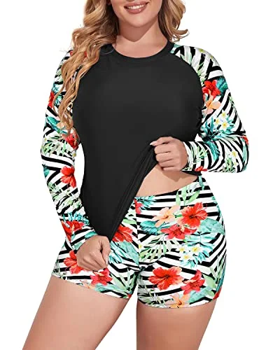 UV - protection bikini for safe sun exposure during beach daysPlus Size Long Sleeve Rash Guard Swimsuit Set Boy Short Swimwear-Black And Striped Leaves