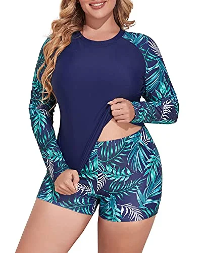 Floral - printed bikini for a feminine and colorful beach vibeWomen's Plus Size Rash Guard Tankini Boyshorts-Navy Blue Leaf