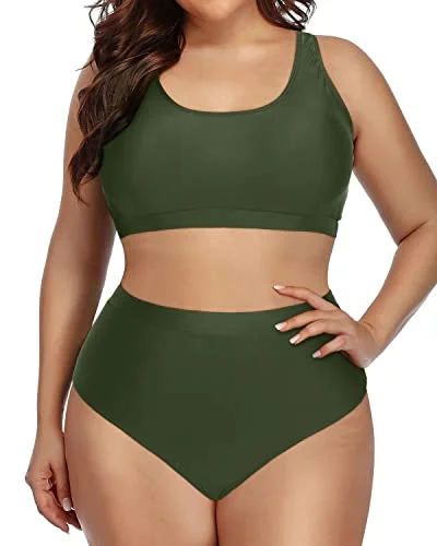 Plus - size bikini with full - coverage options for comfort and confidenceModest Sporty Bikini Swimsuit Unique Shoulder Straps For Plus Size-Army Green