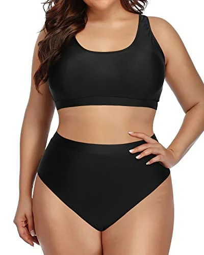 Convertible bikini that can be worn in multiple styles for versatilitySporty Scoop Neck Bikini Set High Waist Bottoms For Plus Size Women-Black