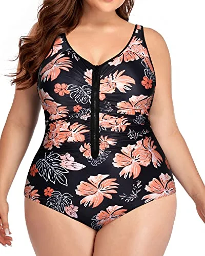 String bikini for a minimalistic and sexy beach styleAthletic Plus Size One Piece Zipper Swimsuits For Water Sports-Black Orange Floral