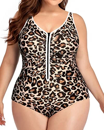 String bikini for a minimalistic and sexy beach styleNon-Removable Cup Zip Front Plus Size Monokini For Curvy Women-Leopard