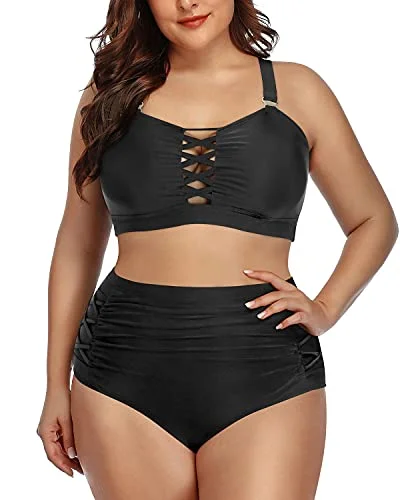 Convertible bikini that can be worn in multiple styles for versatilityRuched High Waisted Two Piece Bikini Set For Plus Size Women-Black