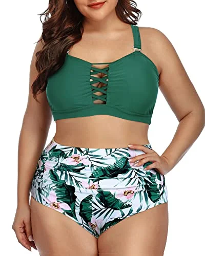 Tie - side bikini bottoms for an adjustable and stylish fitPlus Size Lace Up Bikini High Waisted Ruched Bottom-Green Tropical Floral