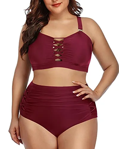 Neon - colored bikini to stand out on the beachAdjustable Criss Cross Ruched Bikini For Plus Size Ladies-Maroon