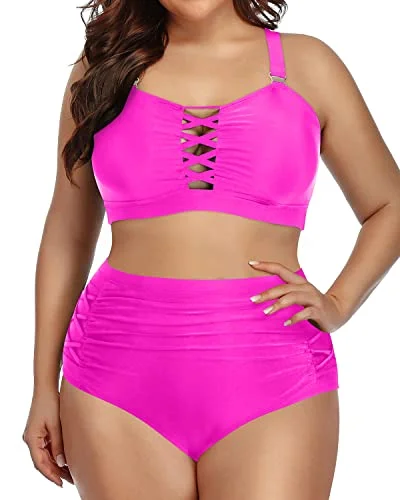 Sustainable bikini made from recycled materials for eco - conscious beachgoersTummy Control High Waisted Plus Size Bikini Set For Women-Neon Pink