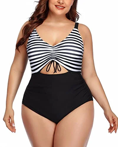 Monokini - style bikini with a unique one - piece - meets - bikini designHigh Waisted Monokini Bathing Suit For Plus Size Women-Black And White Stripe