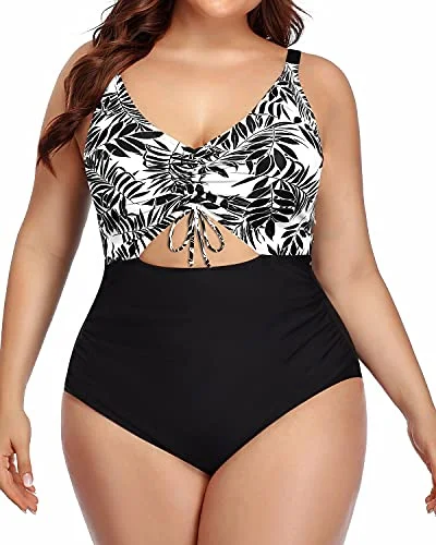 Lace - trimmed bikini for an elegant and romantic touchTummy Control Plus Size Swimsuit Ruched Bottom-Black Leaves