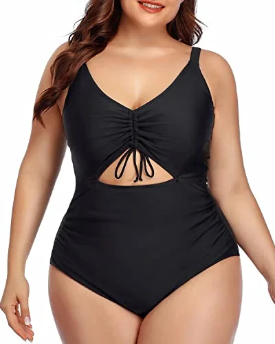 Maternity bikini for expecting mothers to enjoy the beach comfortablyFashionable V-Neck Cutout One Piece Swimsuit Ruched Bottom-Black