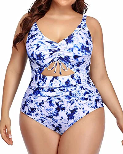 Ruched bikini with fabric gathers for a slimming effectV-Neck Cutout One Piece Swimsuit For Women-Blue Tie Dye