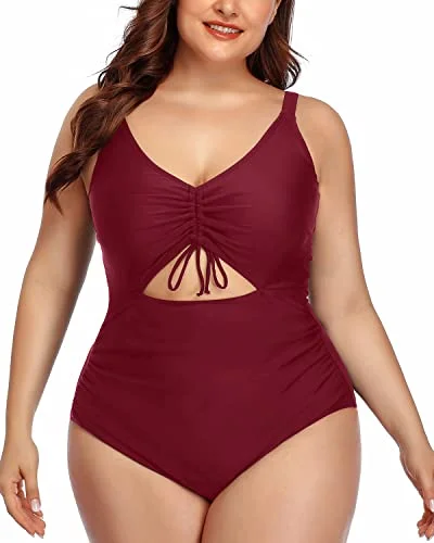 Long - line bikini top for added support and a fashionable lookFashionable Cutout Plus Size Swimsuit Drawstring-Maroon