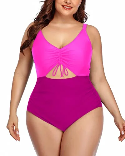 Striped bikini with a classic pattern for a timeless beach aestheticModest High-Waisted Plus Size Monokini Swimsuits-Phosphor And Dark Pink