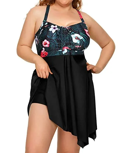 Plus - size bikini with full - coverage options for comfort and confidenceRetro Elegant Tankini Two Piece Swimdress Boyshorts For Women-Black Floral