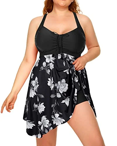 Metallic - finish bikini for a glamorous and eye - catching poolside lookSexy Cross-Back Plus Size Two Piece Swimdress Boyshorts For Women-Black