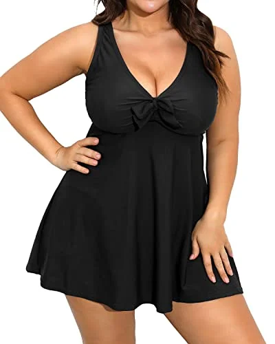 Convertible bikini that can be worn in multiple styles for versatilityFlowy Plus Size Swim Dress Tummy Control Boyshorts-Black