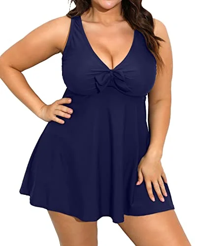 Plus - size bikini with full - coverage options for comfort and confidenceShaping Plus Size Swim Dress Tummy Control Bottoms-Navy Blue