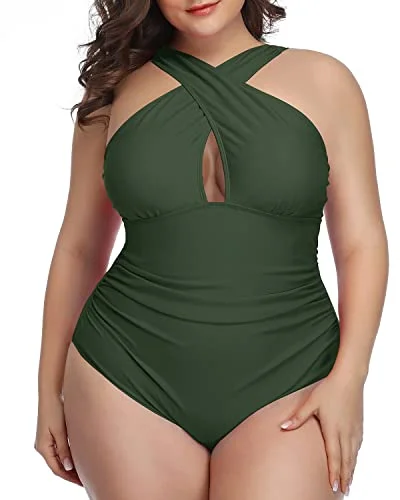 UV - protection bikini for safe sun exposure during beach daysVintage Floral Plus Size Swimwear One Piece Keyhole-Army Green