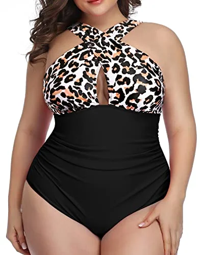 Sustainable bikini made from recycled materials for eco - conscious beachgoersHigh Waisted Front Cross Swimsuit Slimming Effect-Black And Leopard