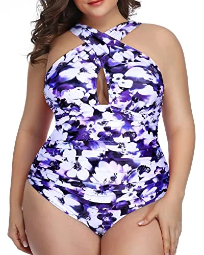 Plus - size bikini with full - coverage options for comfort and confidenceRetro Chic Front Cross Tummy Control One Piece Swimsuits-Purple Floral