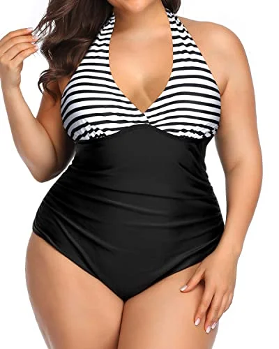 Sports bikini for high - intensity water activities like surfingSexy Halter One Piece Push Up Swimsuits For Women-Black And White Stripe