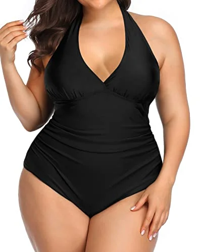 Convertible bikini that can be worn in multiple styles for versatilityRuched Tummy Control V Neck Plus Size One Piece Swimsuits-Black