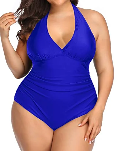 Monokini - style bikini with a unique one - piece - meets - bikini designBackless Ruched Halter 1 Piece Swimsuits For Women-Royal Blue