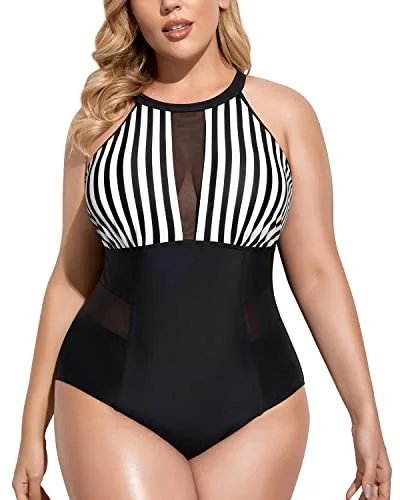 Plus - size bikini with full - coverage options for comfort and confidenceChic Cut Out High Neck Plus Size Monokini Swimwear-Black And White Stripe