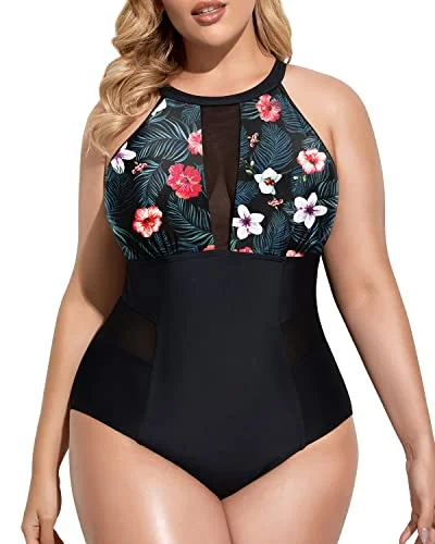 Monokini - style bikini with a unique one - piece - meets - bikini designTummy Control Monokini Bathing Suits For Plus Size Women-Black Floral