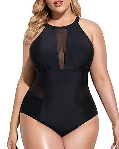 Plus - size bikini with full - coverage options for comfort and confidenceSleek High-Neck Plus Size Swimwear Tummy Control For Curvy Women-Black