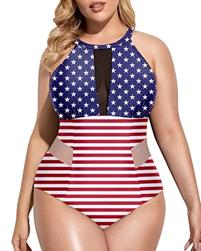 Push - up bikini top to enhance the bust for a confident beach appearanceComfortable High-Neck Monokini For Plus Size Women-National Flag