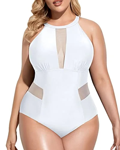 Push - up bikini top to enhance the bust for a confident beach appearanceElegant Cut Out One Piece Bathing Suit For Plus Size Women-White