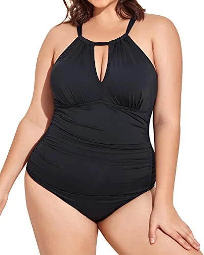 String bikini for a minimalistic and sexy beach stylePlus Size Plunge Mesh Cut Out One Piece Swimsuit For Women-Black