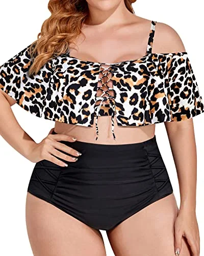 String bikini for a minimalistic and sexy beach styleTrendy Ruffle Flounce Two Piece Swimsuit For Plus Size Women-Black And Leopard