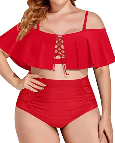 Tropical - themed bikini for a vacation - ready beach outfitFlattering Tummy Control Two Piece Bathing Suit For Plus Size Women-Red